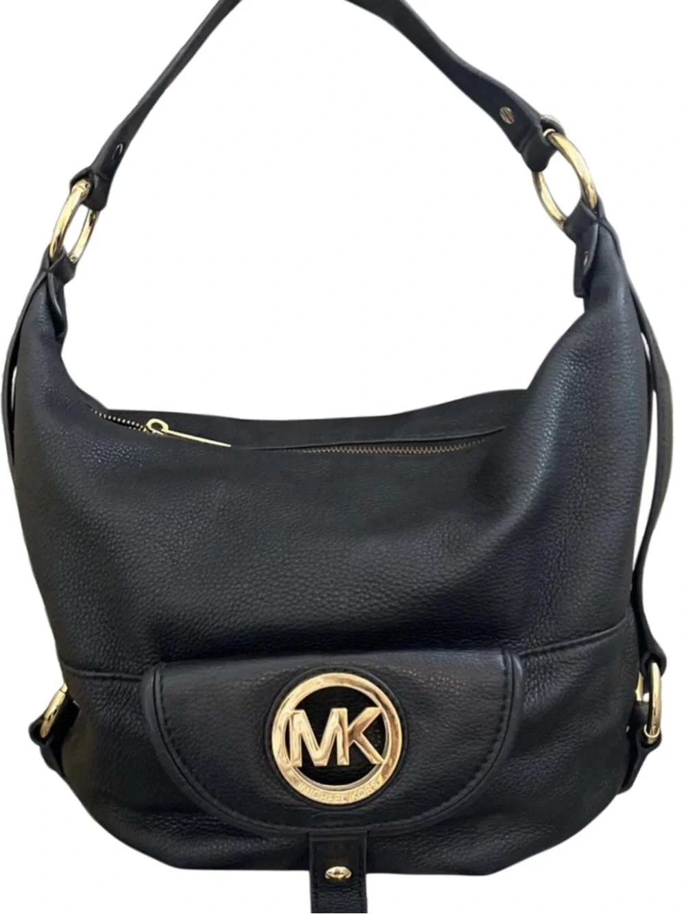 Michael Kors Black Pebbled Leather Hobo with Gold MK Emblem